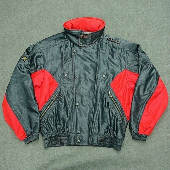 Descente Bomber Jacket Men Medium Metallic Gray Zip‎ Up Hooded Shoulder Pads - Picture 1 of 9